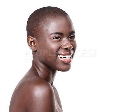 Buy stock photo Smile, natural and closeup of black woman for skin care, beauty and cosmetics isolated on white background. Female person, mockup space and African lady in studio for makeup, cleansing and treatment