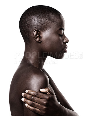 Buy stock photo Profile shot of a beautiful young african woman isolated on white