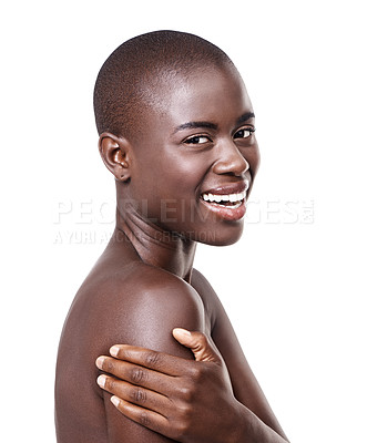 Buy stock photo Smile, portrait and closeup of black woman for skin care, beauty and cosmetics isolated on white background. Female person, African lady and mockup space in studio for makeup, cleansing and treatment