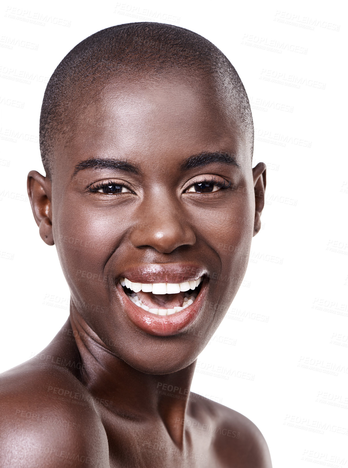 Buy stock photo Portrait of black woman, glow or smile with beauty, cosmetics or healthy skin isolated in studio. Wellness, bald head or happy African girl model with shine or skincare results on white background 