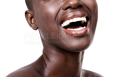 Buy stock photo Mouth of black woman, happy or laughing with beauty, cosmetics or healthy skin for shine in studio. Funny, closeup or African girl model with lip gloss, smile or skincare results on white background
