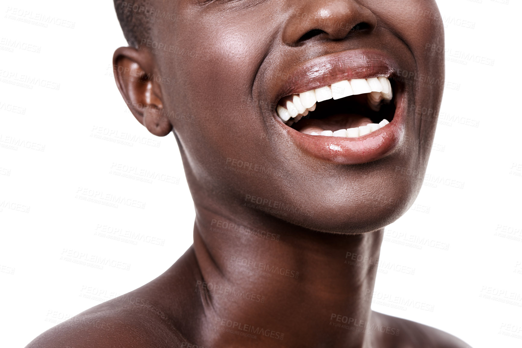 Buy stock photo Mouth of black woman, happy or laughing with beauty, cosmetics or healthy skin for shine in studio. Funny, closeup or African girl model with lip gloss, smile or skincare results on white background