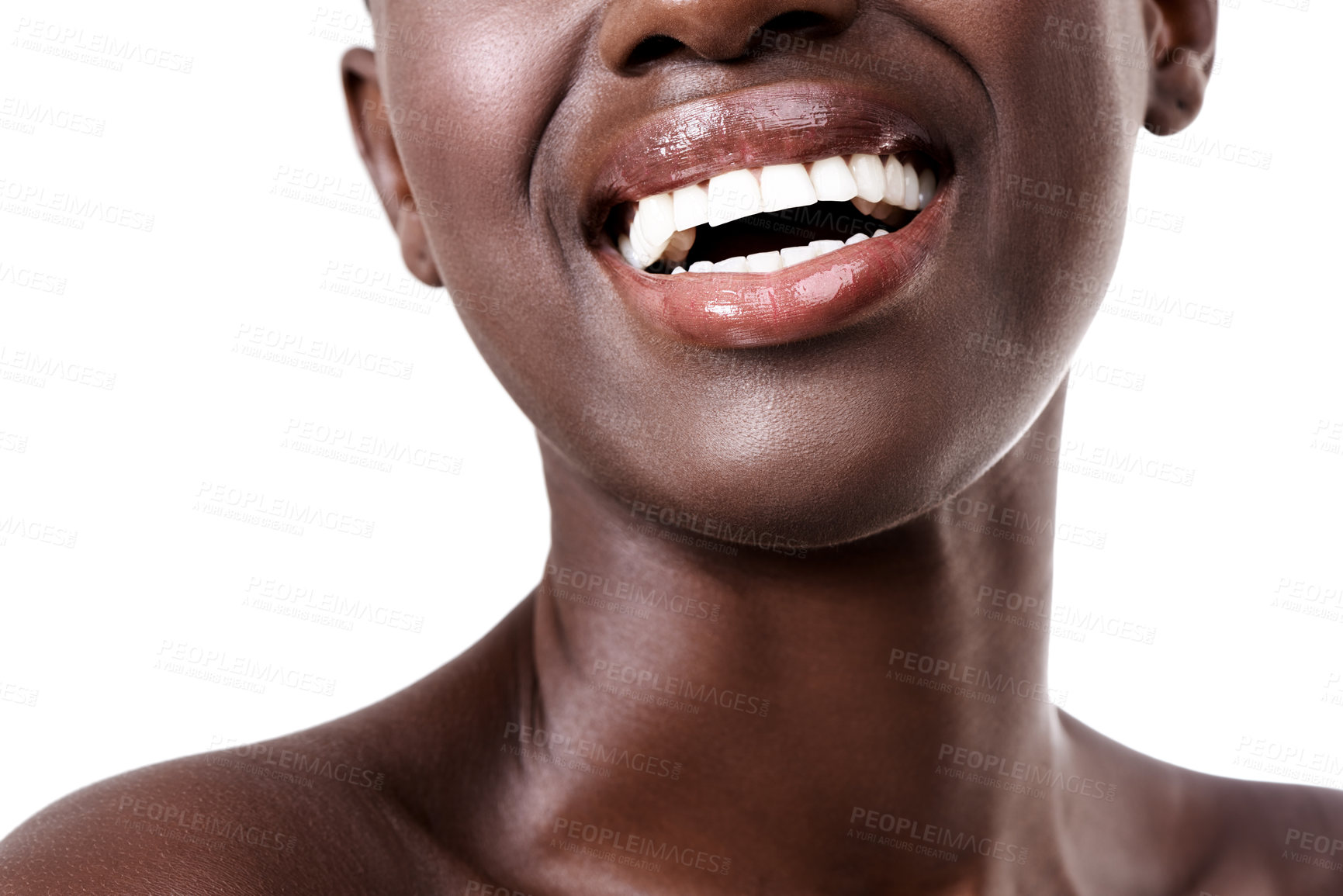 Buy stock photo Mouth of woman, happy or smile with beauty, cosmetics or healthy skin for shine isolated in studio. Face, laughing or funny girl model with lip gloss, closeup or skincare results on white background