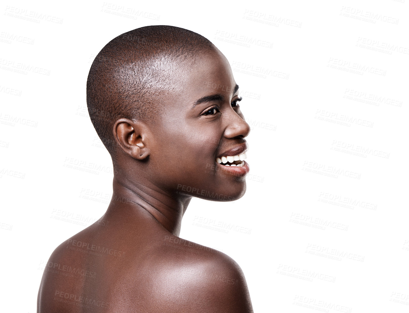 Buy stock photo Smile, face and closeup of black woman for skin care, beauty and cosmetics isolated on white background. Female person, African lady and even tone in studio for makeup, cleansing and treatment