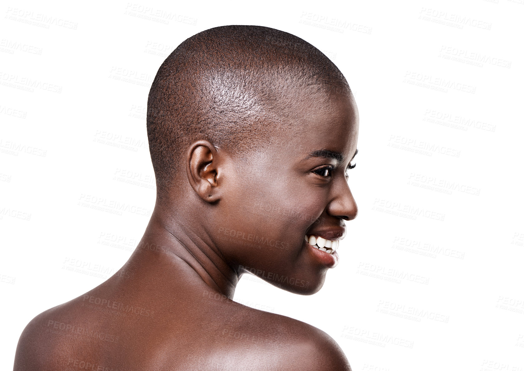Buy stock photo Smile, mockup and closeup of black woman for skin care, beauty and cosmetics isolated on white background. Female person, African lady and even tone in studio for makeup, cleansing and treatment
