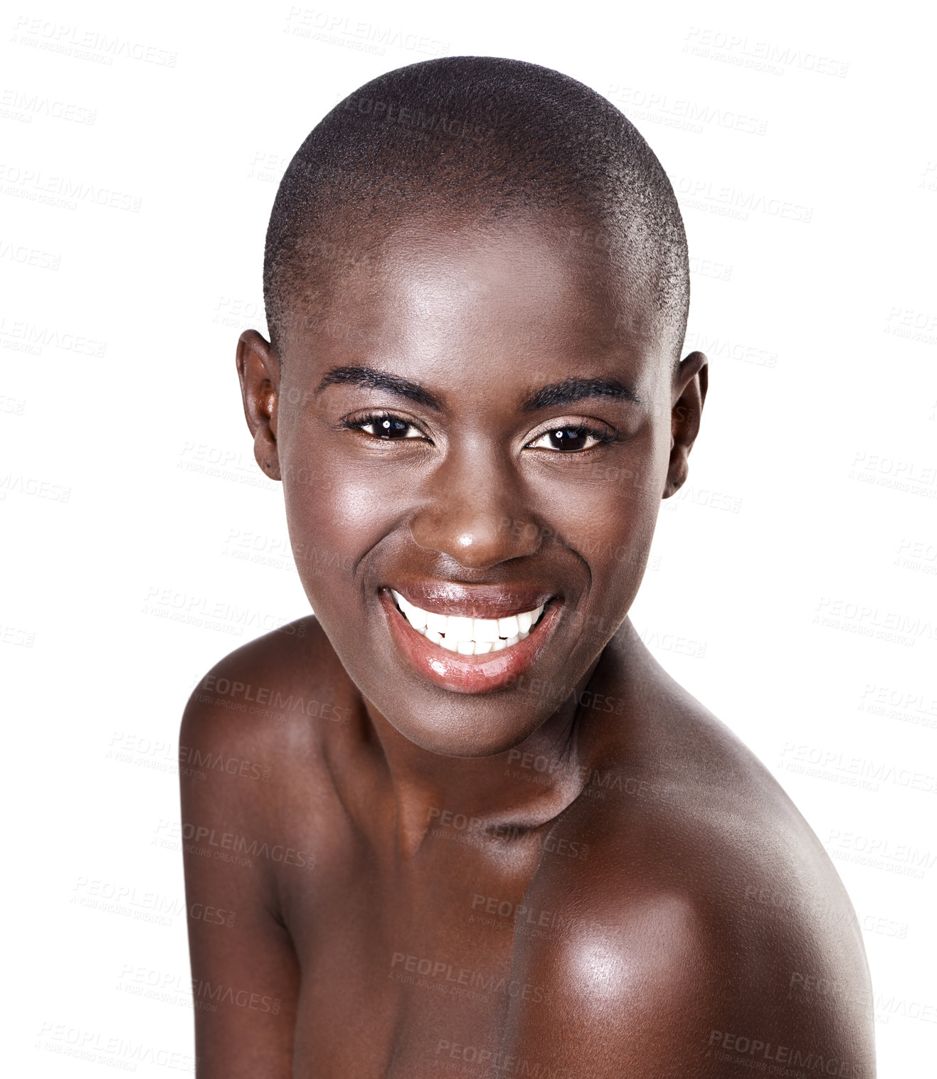 Buy stock photo Portrait of black woman, studio or smile with beauty, cosmetics or healthy skin isolated with glow. Wellness, bald head or happy African girl model with shine or skincare results on white background
