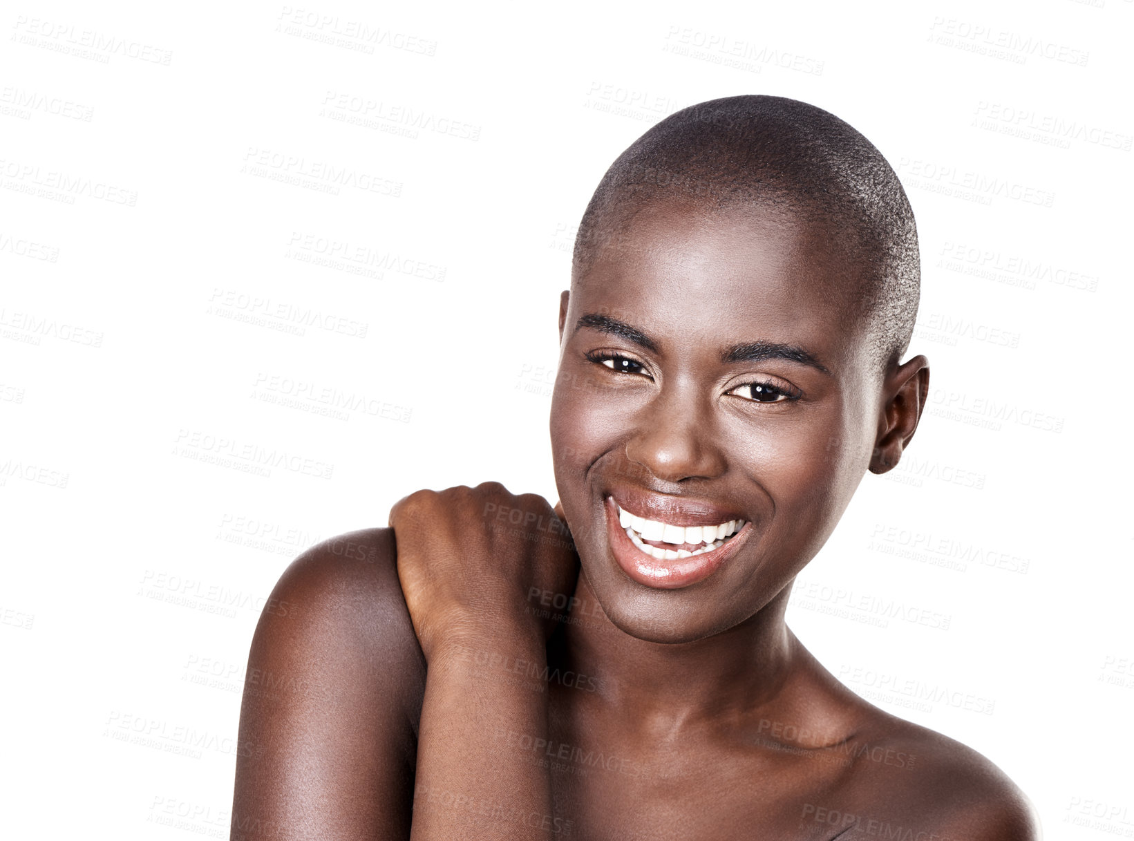 Buy stock photo Portrait of black woman, space or smile with beauty, cosmetics or healthy skin isolated in studio. Mockup, bald head or happy African girl model with shine or skincare results on white background 