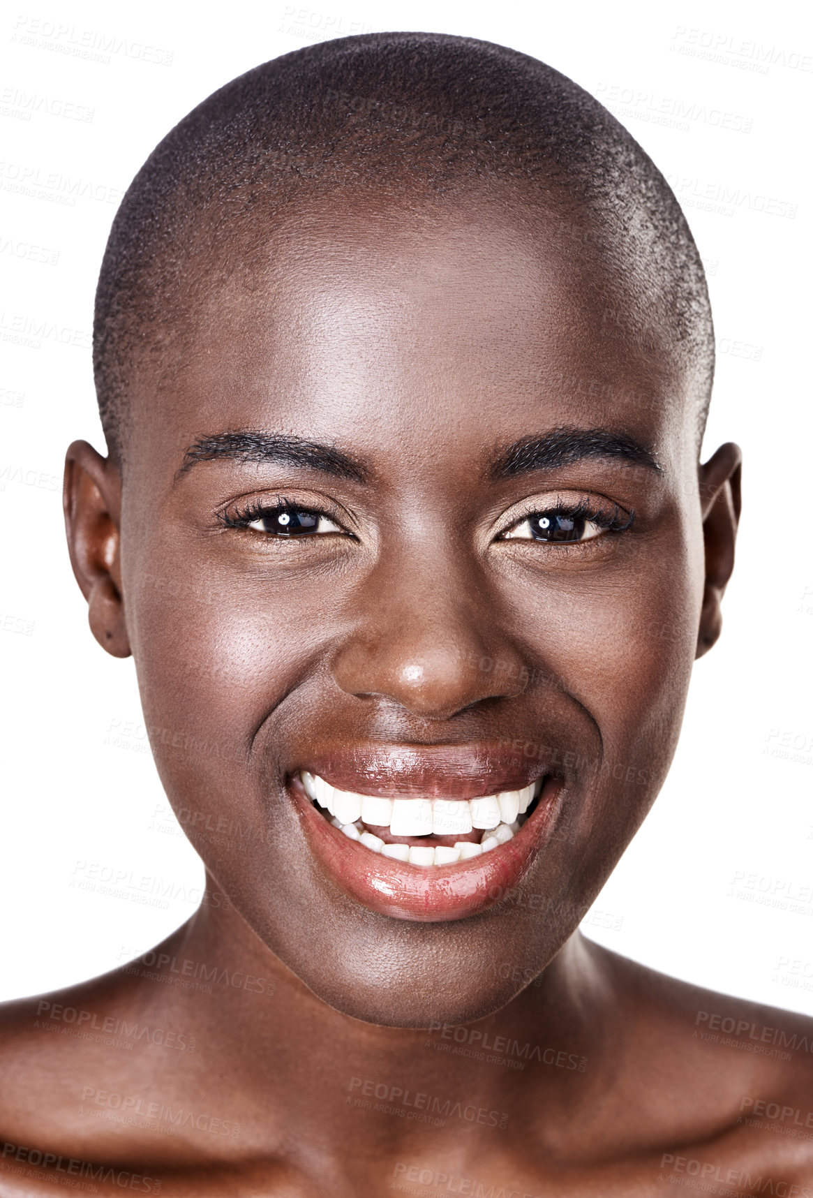 Buy stock photo Portrait, shine and black woman with skincare, makeup and beauty isolated on a white studio background. African person, face and model with wellness and healthy skin with aesthetic, cosmetics or glow