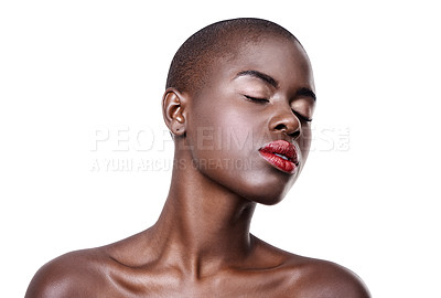 Buy stock photo African, beauty and makeup on face in studio on white background with glow on skin from dermatology. Calm, model and lipstick from cosmetics and black woman with healthy skincare in mockup space