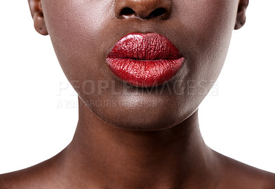 Buy stock photo Mouth of woman, red and lipstick with beauty, cosmetics and healthy skin for shine isolated in studio. Face, aesthetic or girl model with lip gloss, closeup or skincare results on white background