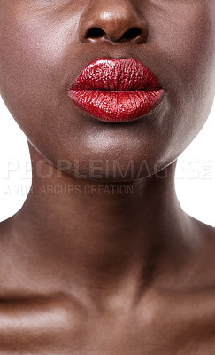 Buy stock photo Mouth of model, red and lipstick with beauty, cosmetics and healthy skin for shine isolated in studio. Face closeup, aesthetic or woman with pout, color or skincare glow results on white background