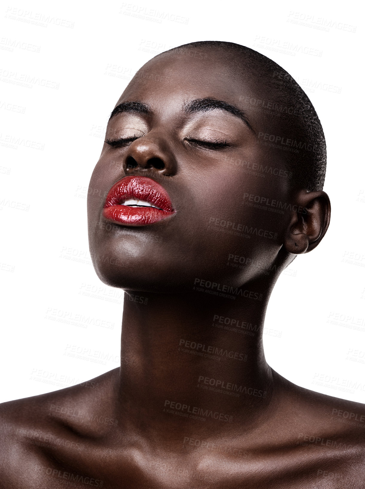 Buy stock photo African, face and beauty from makeup in studio on white background with glow on skin from dermatology. Calm, model and lipstick from cosmetics and black woman with healthy skincare in mockup