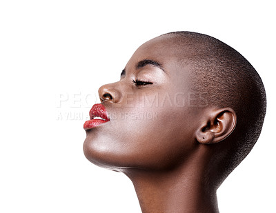 Buy stock photo Studio shot of a beautiful young african woman wearing red lipstick isolated on white