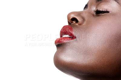 Buy stock photo African, beauty and lipstick on face with makeup in studio on white background with glow on skin from dermatology. Calm, model and black woman relax with cosmetics or skincare closeup in mockup space