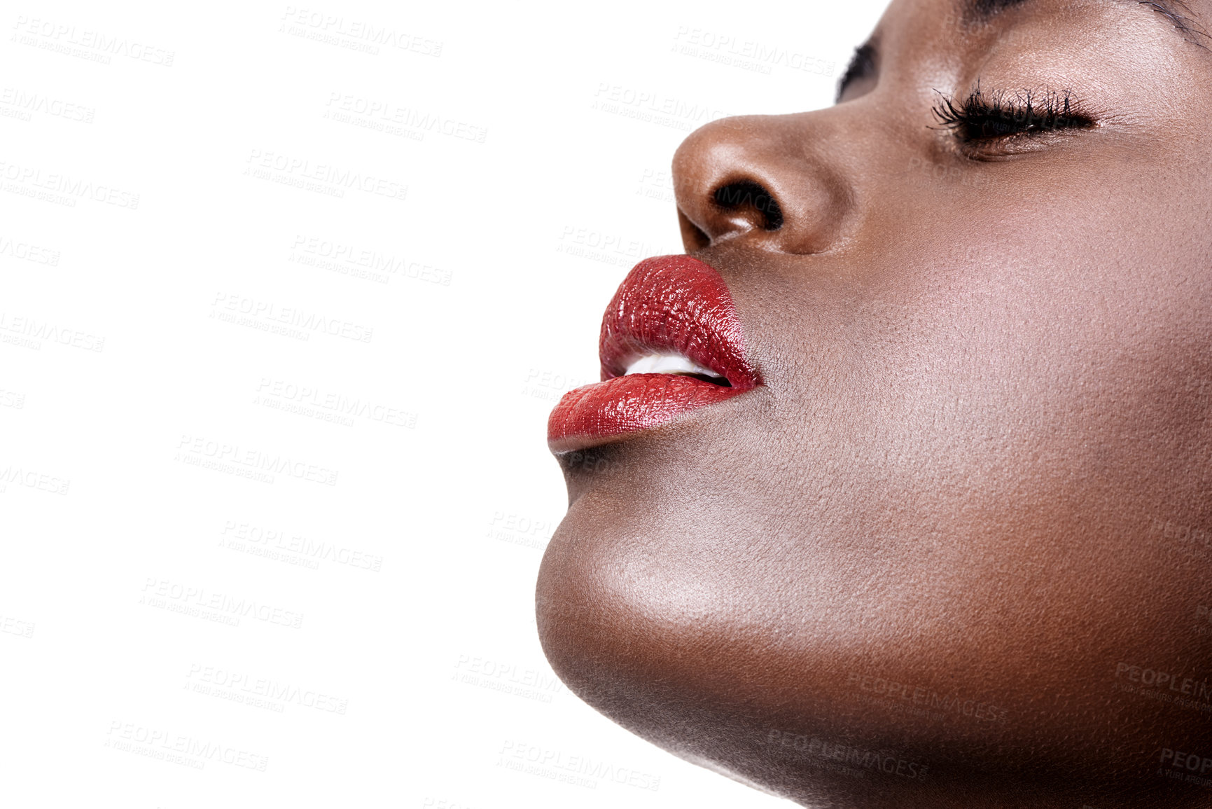 Buy stock photo African, beauty and lipstick on face with makeup in studio on white background with glow on skin from dermatology. Calm, model and black woman relax with cosmetics or skincare closeup in mockup space