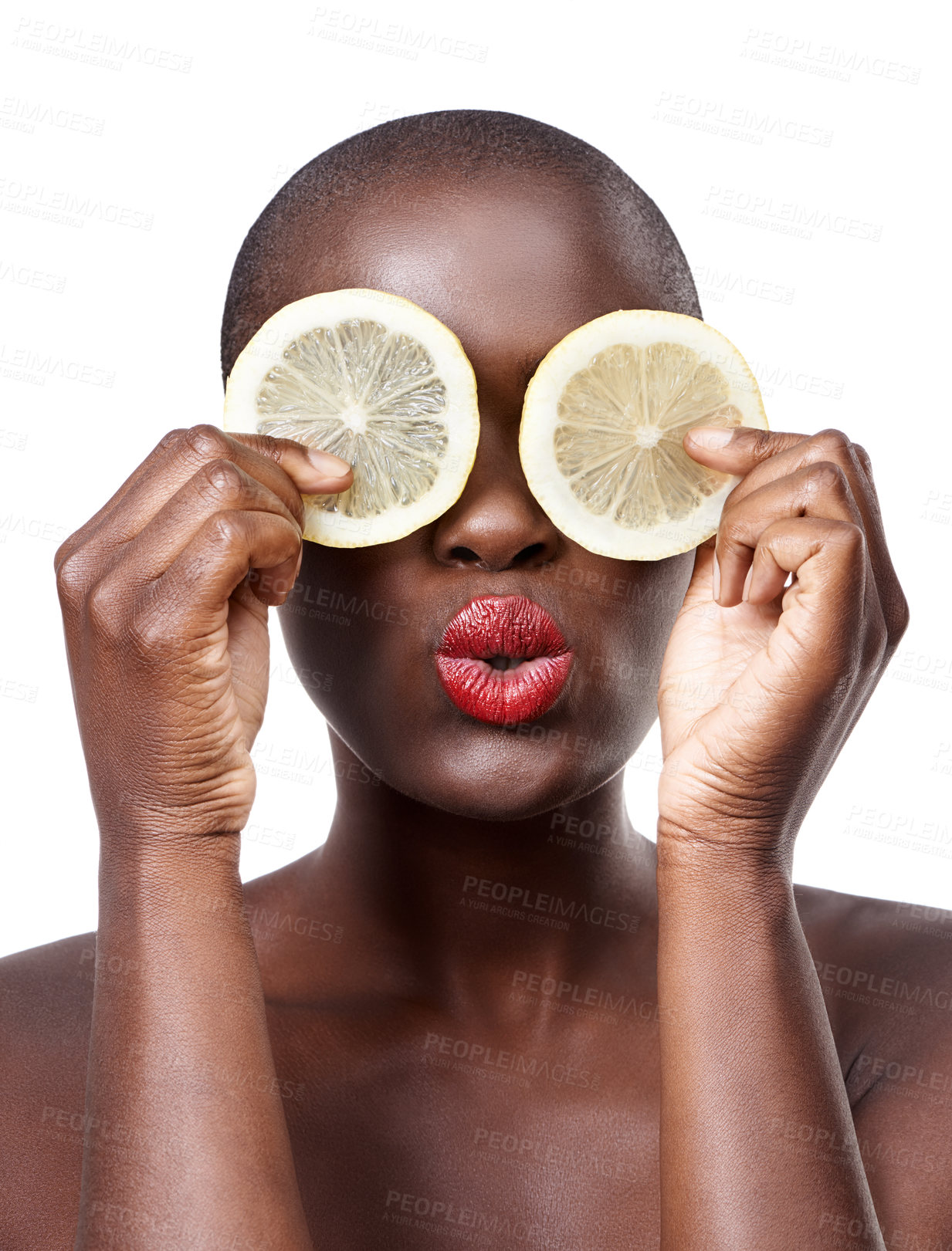 Buy stock photo Black woman, kiss and lemon skincare in studio for organic dermatology routine, youth or wellness. White background, face and African model with facial fruit, diet food and eyes product for beauty