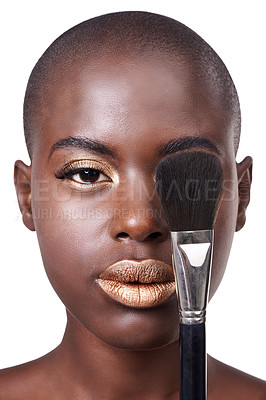 Buy stock photo Portrait of black woman, brush or makeup with lipstick, cosmetics or beauty isolated in studio. Gold color, bald head or serious African girl model with glow or skincare results on white background 