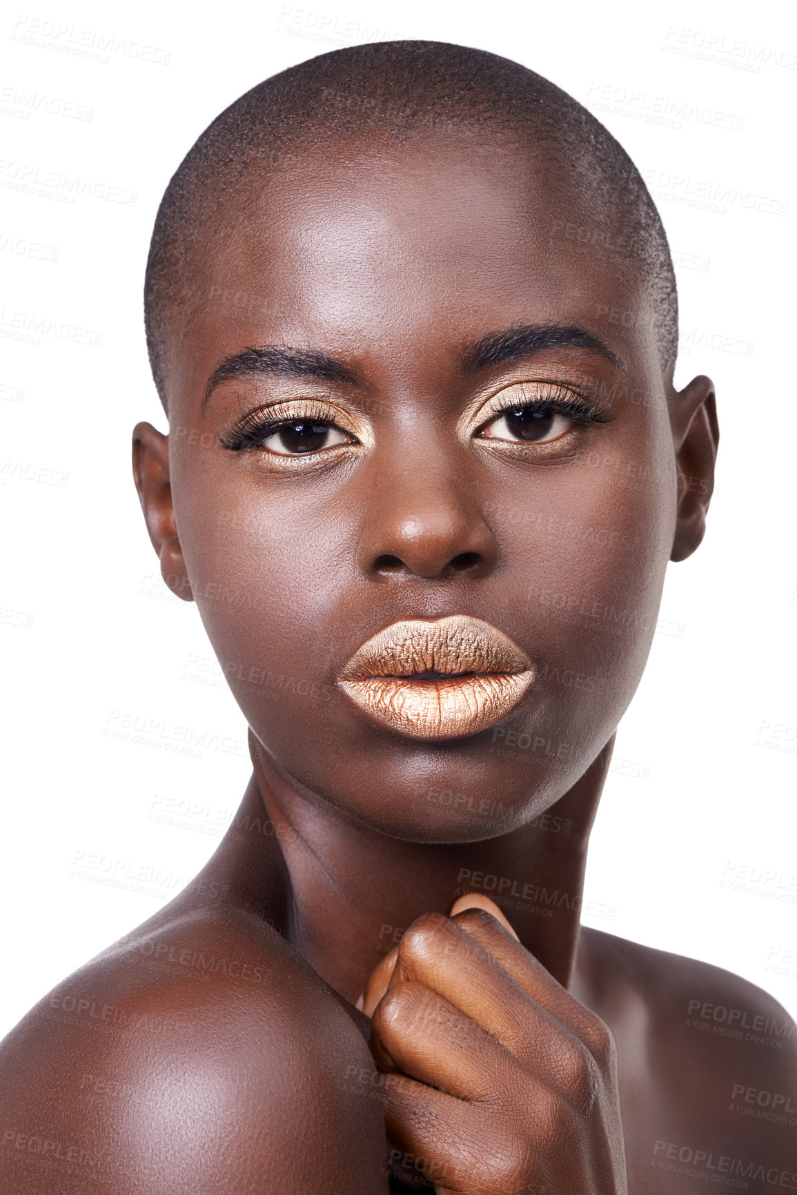 Buy stock photo Portrait, cosmetics and black woman with skincare, makeup and shine isolated on white studio background. African person, face or model with wellness or healthy skin with aesthetic or beauty with glow