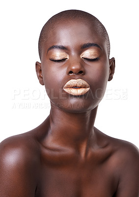 Buy stock photo African, woman and makeup in studio for beauty, model for cosmetic and skincare with vibrant colour. Eyes closed, glowing or creative with glamour and art, dermatology or isolated female person