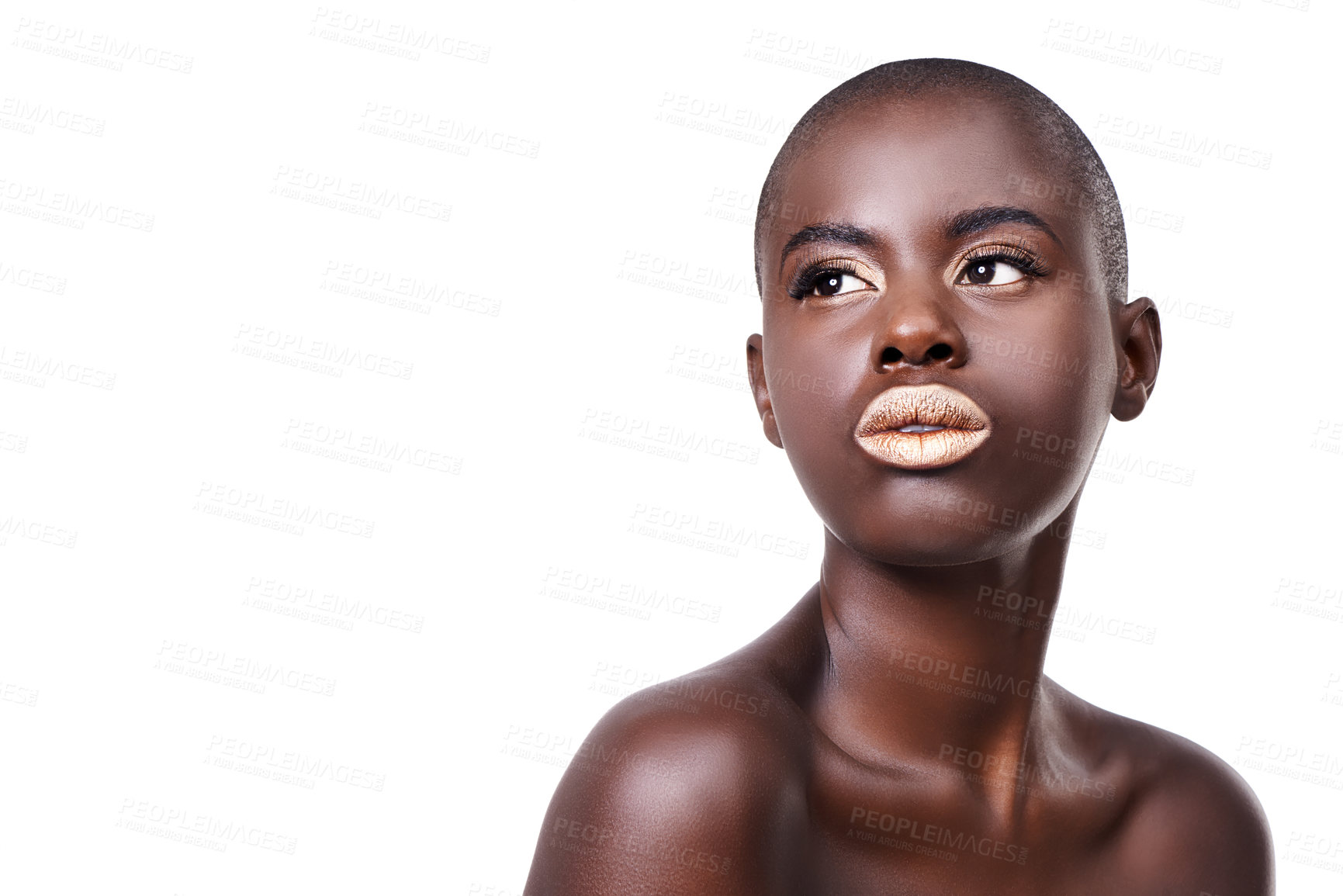 Buy stock photo Space for black woman, thinking or makeup with lipstick, cosmetics or beauty mockup in studio. Gold color, bald head or African girl model with glow, eyeshadow or skincare results on white background