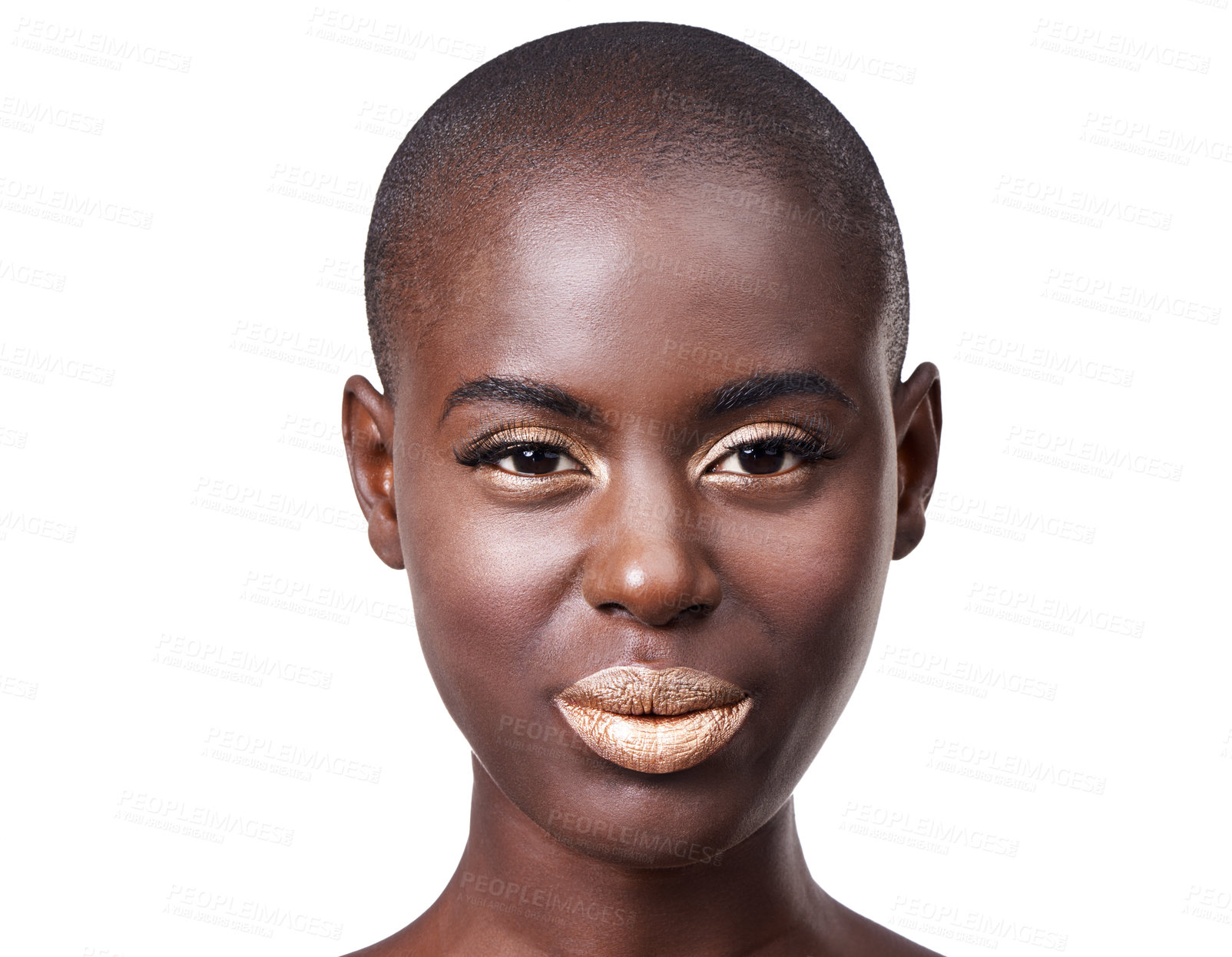 Buy stock photo Portrait, dermatology and black woman with lipstick, makeup and glow isolated on a white studio background. African person, face and model with wellness and artistic with aesthetic, beauty and shine