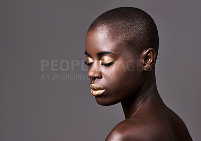 Buy stock photo Woman, beauty and portrait for skincare, nails and makeup for face and polish for cosmetic. Black person, model and bald with gloss and lipstick for shine and glow with shimmer in studio on mockup