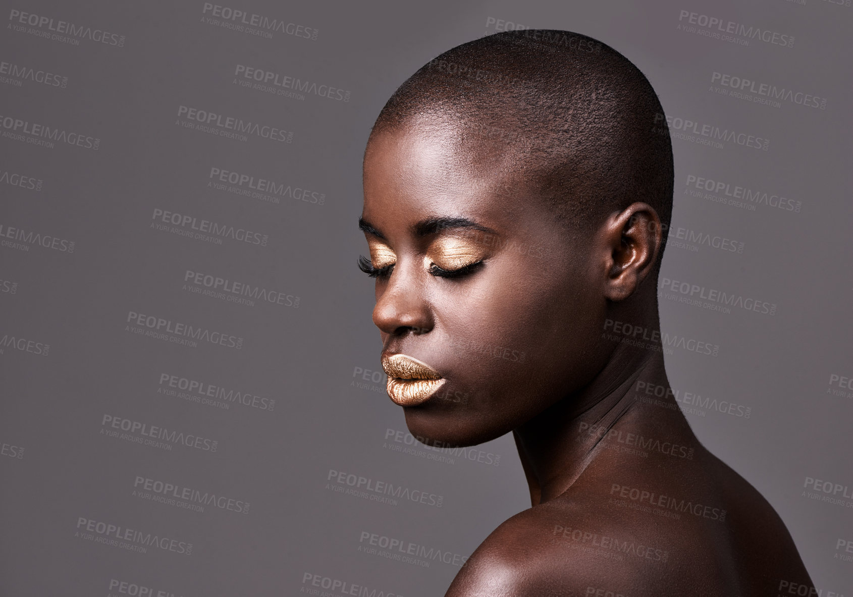 Buy stock photo Woman, beauty and portrait for skincare, nails and makeup for face and polish for cosmetic. Black person, model and bald with gloss and lipstick for shine and glow with shimmer in studio on mockup
