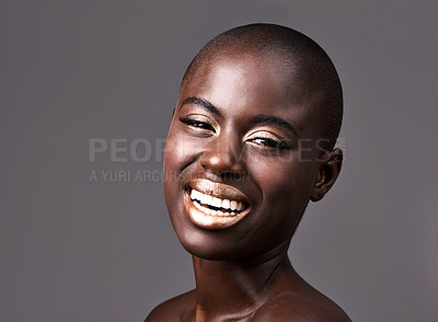 Buy stock photo Portrait, beauty and makeup with bald black woman in studio on gray background for natural wellness. Face, smile and skincare with happy young model at spa for cosmetics, facial or dermatology
