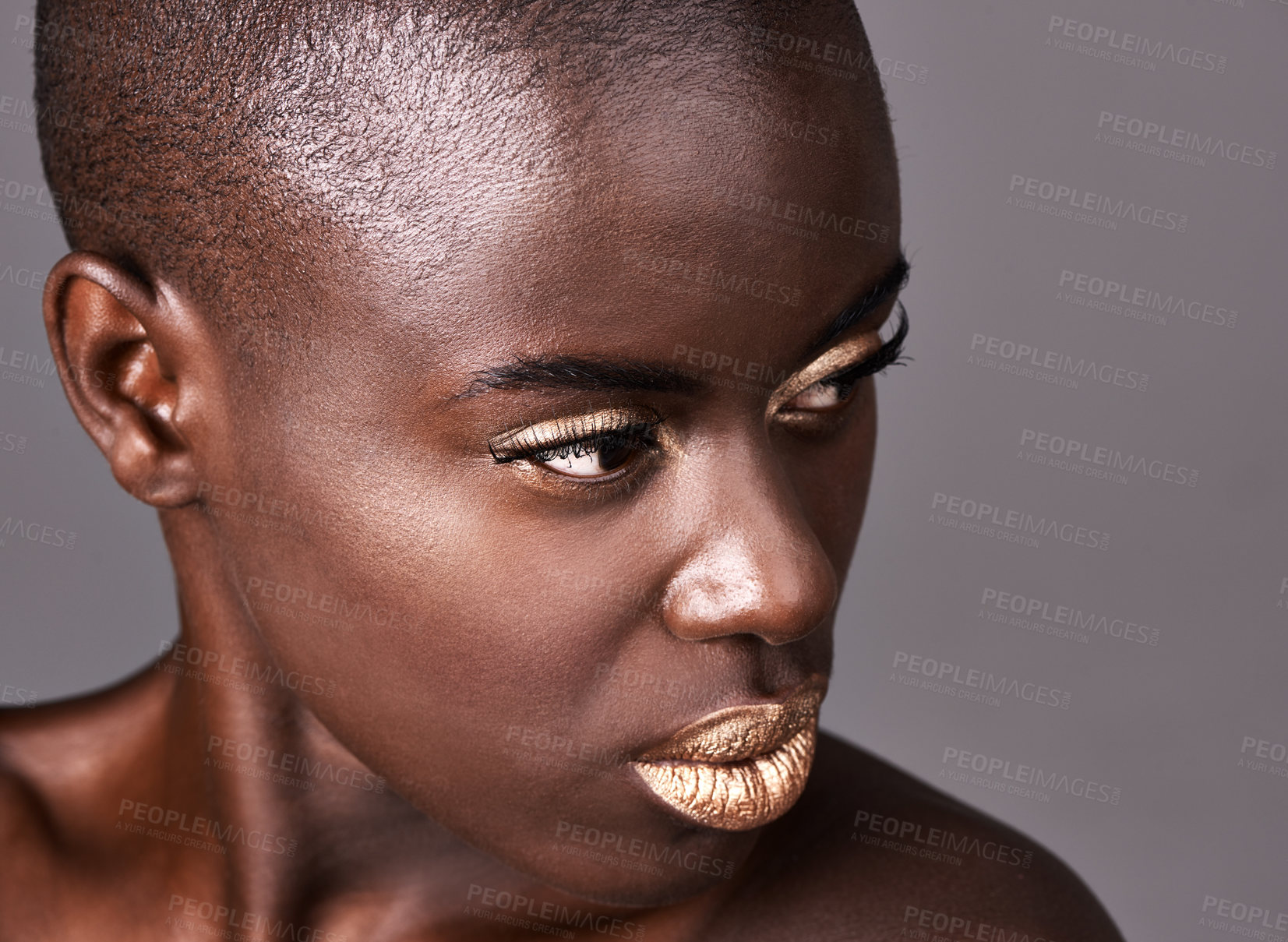 Buy stock photo Thinking, makeup and black woman with lipstick, cosmetics and dermatology on a grey studio background. African person, girl and model with beauty or creative with grooming and artistic with treatment