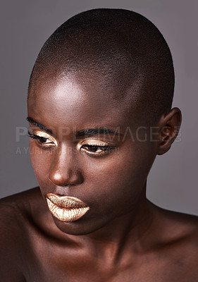 Buy stock photo Thinking, makeup and black woman with lipstick, shine and dermatology on grey studio background. African person, girl and model with beauty, glow or creative with grooming and artistic with aesthetic