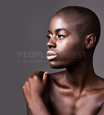 Buy stock photo Thinking, makeup and black woman with lipstick, beauty and dermatology on grey studio background. African person, girl and model with aesthetic or shine with grooming, glow or artistic with treatment
