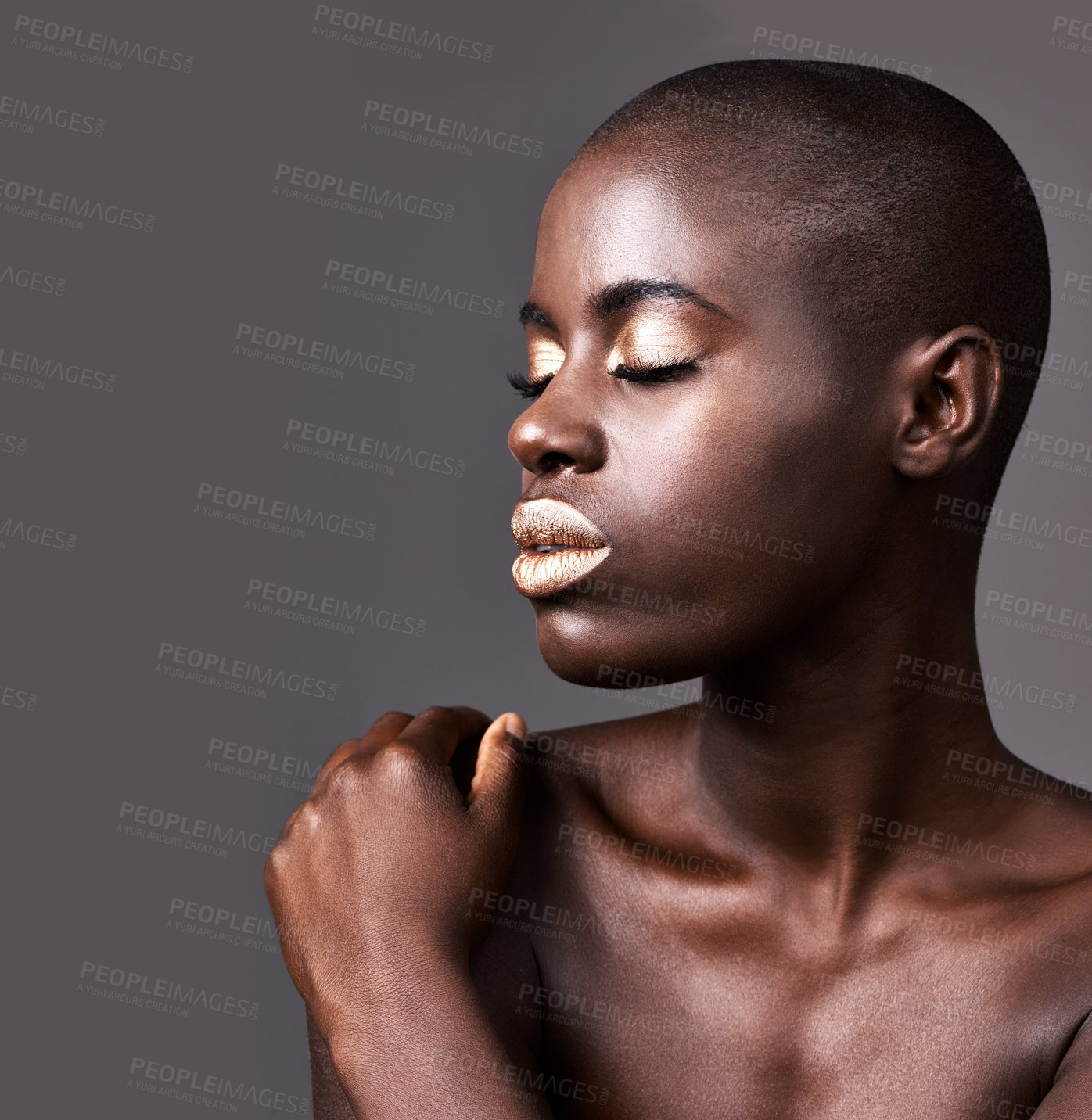 Buy stock photo Face, mockup and closeup of black woman for makeup, beauty and cosmetics isolated on gray background. Person, African lady and eyeshadow with lipstick in studio for skin care, cleansing or treatment