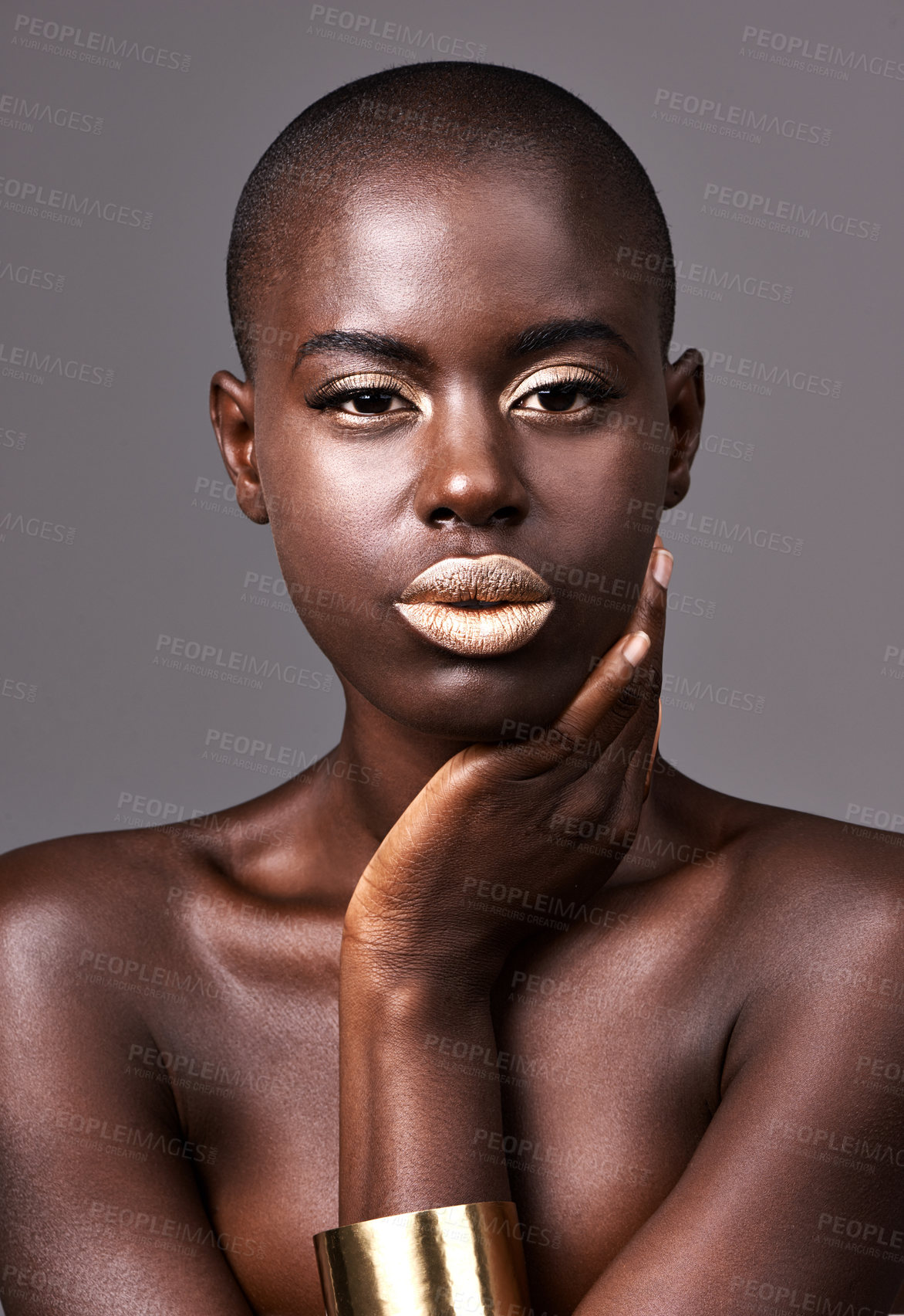 Buy stock photo Jewelry, portrait and face of black woman for makeup, beauty or cosmetics isolated on gray background. Person, African lady and eyeshadow with lipstick in studio for skin care, cleansing or treatment