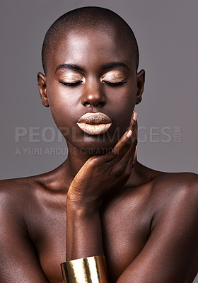 Buy stock photo Jewelry, face and skin of black woman for makeup, beauty and cosmetics isolated on gray background. Person, African lady and eyeshadow with lipstick in studio for dermatology, gold head or skincare