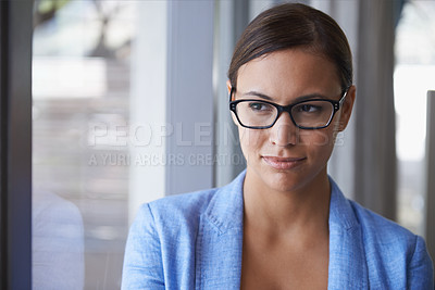 Buy stock photo Professional, woman and thinking at window with ideas for future strategy in business as financial advisor. Planning, decision and person in corporate office problem solving with serious confidence