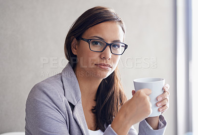 Buy stock photo Professional, woman and portrait with coffee to relax in office with calm financial advisor in business and workplace. Corporate, person and serious consultant with confidence, pride and drink of tea