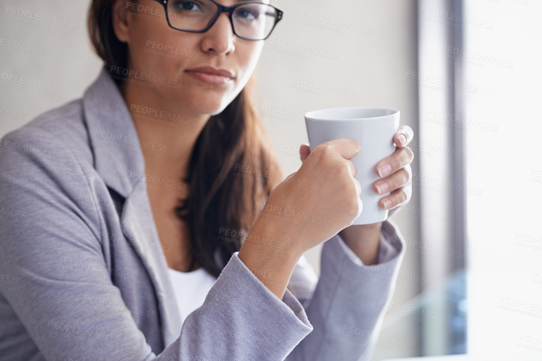 Buy stock photo Cropped portrait of an attractive businesswoman on a coffee break