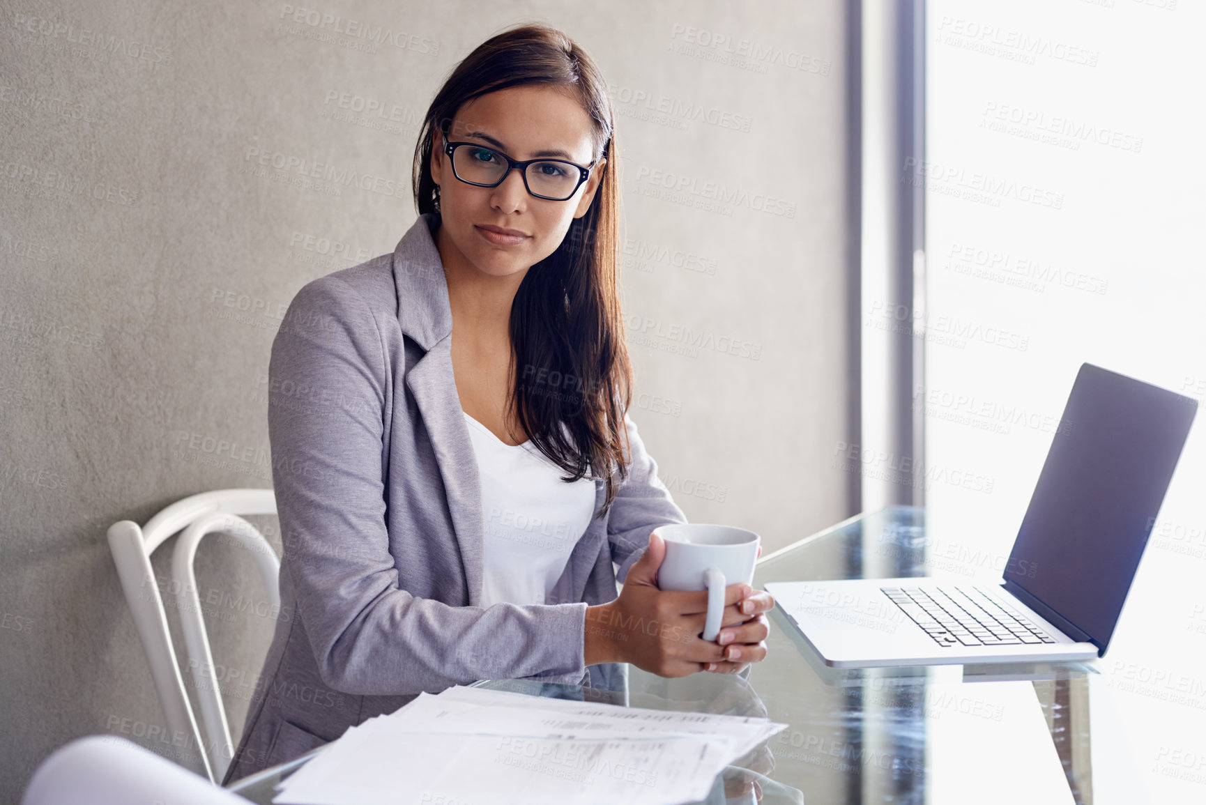Buy stock photo Coffee, laptop and portrait of business woman in office with confident and pride attitude. Technology, serious and professional female financial advisor with computer for finance project in workplace