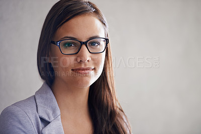 Buy stock photo Professional, woman and portrait of financial advisor in studio with advice for business and development. Corporate, person and consultant with confidence, pride or working in finance on mockup space