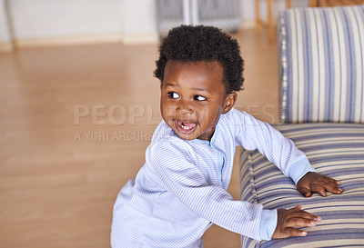 Buy stock photo Shot of an adorable little baby boy at home