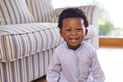 Buy stock photo Shot of an adorable little baby boy at home