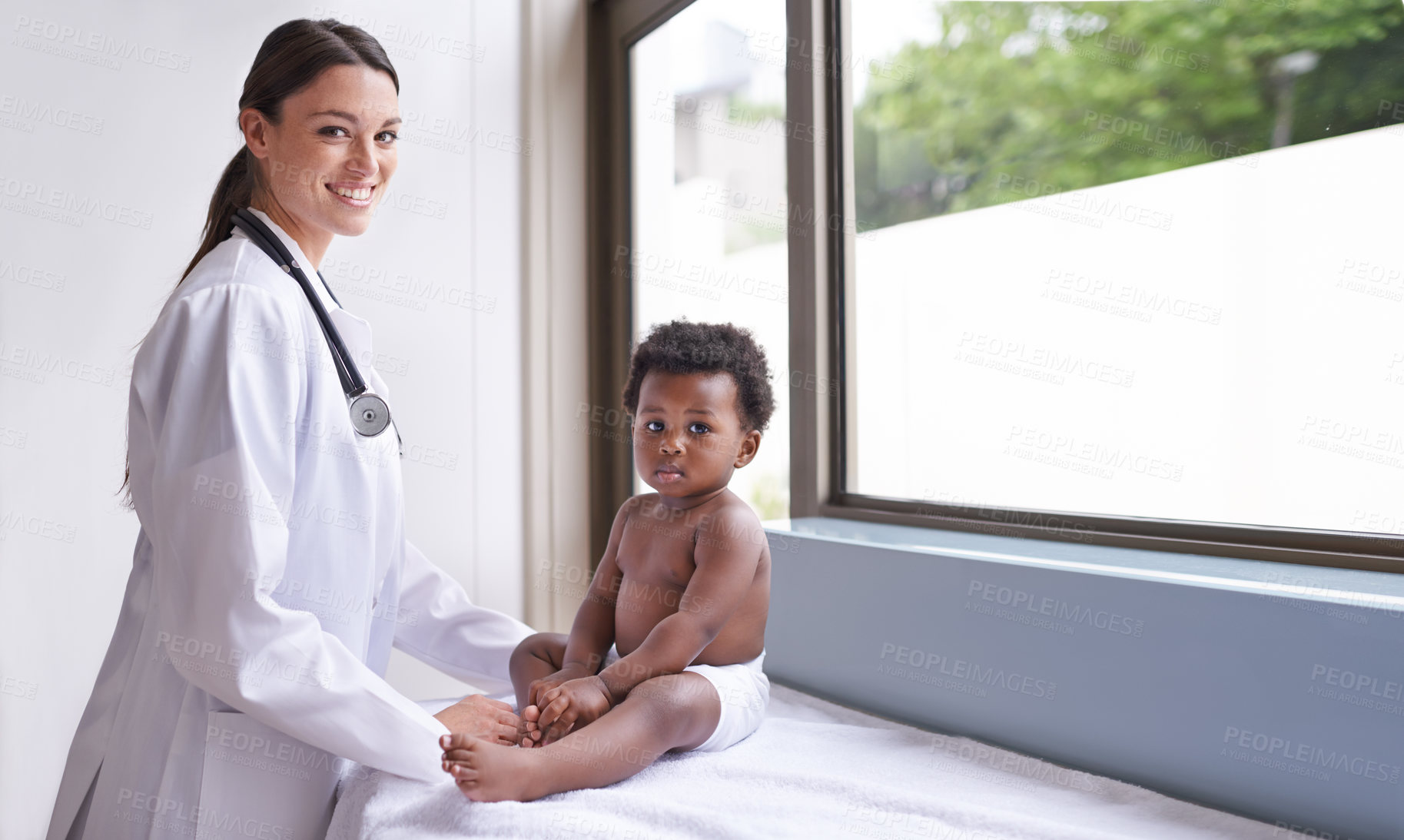 Buy stock photo Doctor woman with baby boy, pediatrics and health with early childhood development and growth. Female pediatrician portrait, African male toddler with medical checkup at clinic or hospital