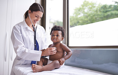 Buy stock photo Doctor woman with baby boy in pediatrician consultation, stethoscope to check heart and lung health. Pediatric cardiology, childhood development with medical checkup at clinic or hospital