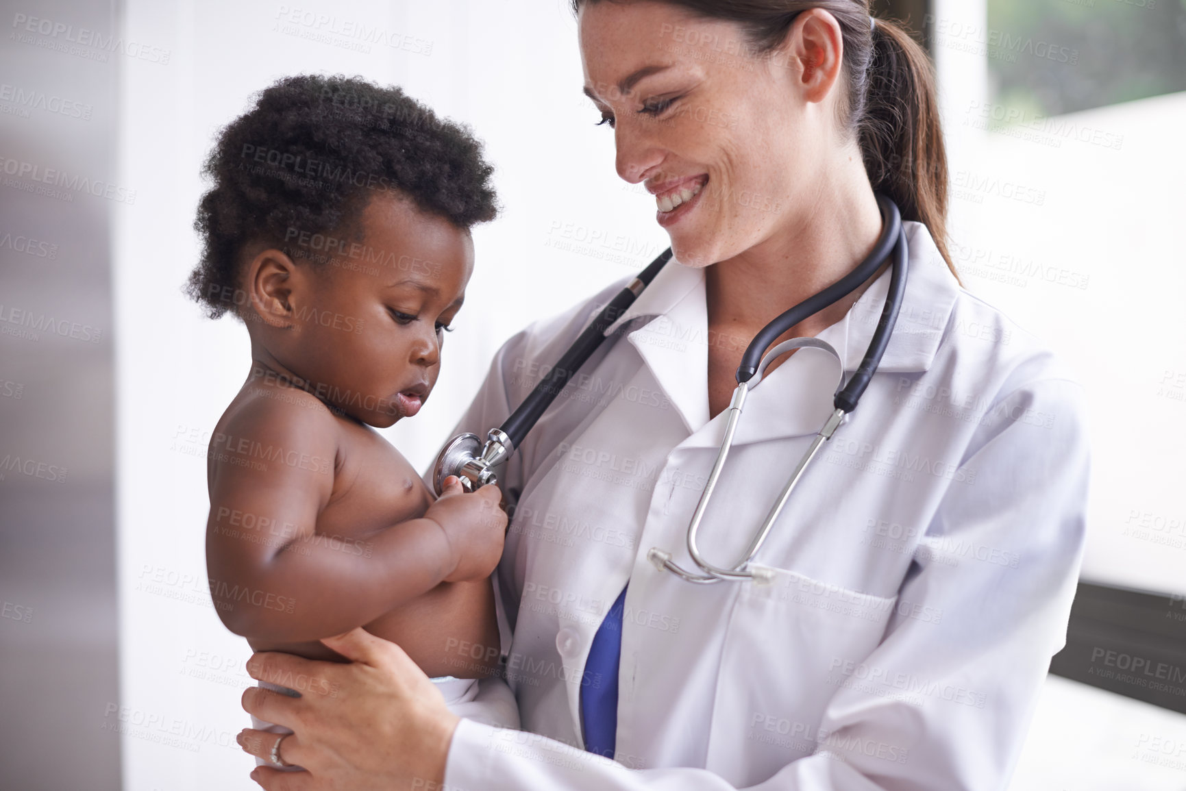 Buy stock photo Hospital, pediatrician and woman with baby, boy and checkup with wellness and doctor with kid. Medical, professional and employee with healthcare and infant with appointment and medicare with tools