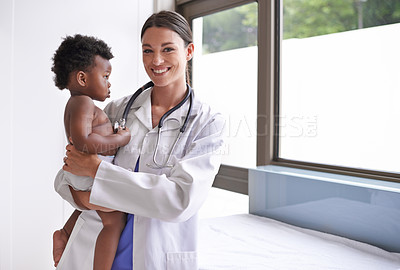 Buy stock photo Healthcare, portrait and baby with woman doctor at hospital for heart, lungs and chest exam. Medical, consultation and lady pediatrician with stethoscope for toddler development, health and heartbeat
