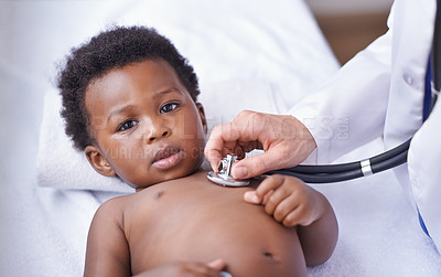 Buy stock photo Baby, portrait and pediatrician with stethoscope consultation or lung infection or diagnosis, heartbeat or listening. Child, boy and face on hospital bed or healthcare checkup in Kenya, clinic or ill
