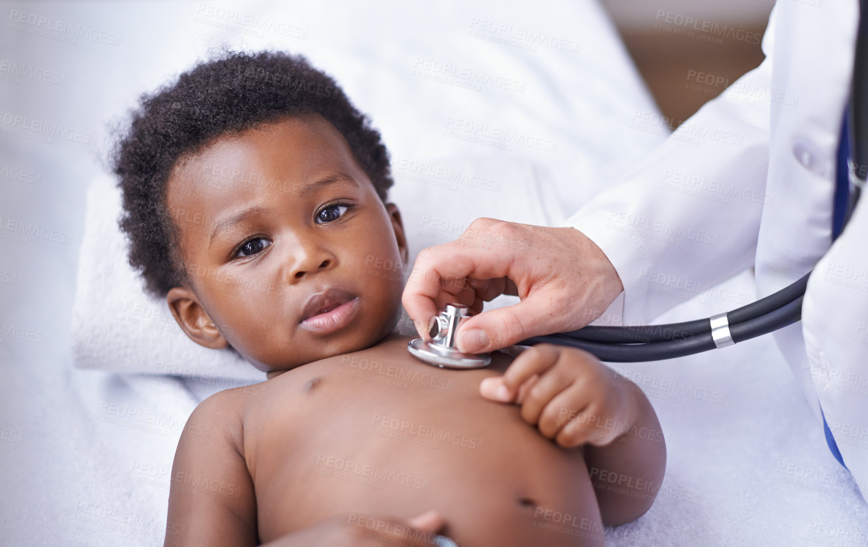 Buy stock photo Baby, portrait and pediatrician with stethoscope consultation or lung infection or diagnosis, heartbeat or listening. Child, boy and face on hospital bed or healthcare checkup in Kenya, clinic or ill