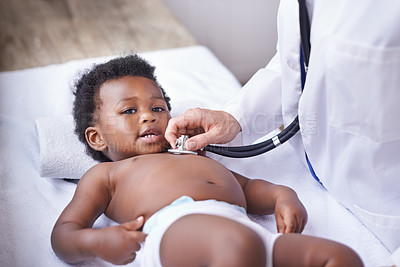 Buy stock photo Baby, portrait and pediatrician with stethoscope for heartbeat consultation or lung infection, listening or checkup. Child, boy and face on hospital bed or healthcare wellness in Kenya, clinic or ill
