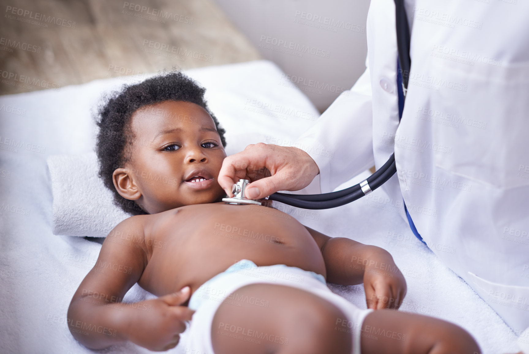 Buy stock photo Baby, portrait and pediatrician with stethoscope for heartbeat consultation or lung infection, listening or checkup. Child, boy and face on hospital bed or healthcare wellness in Kenya, clinic or ill