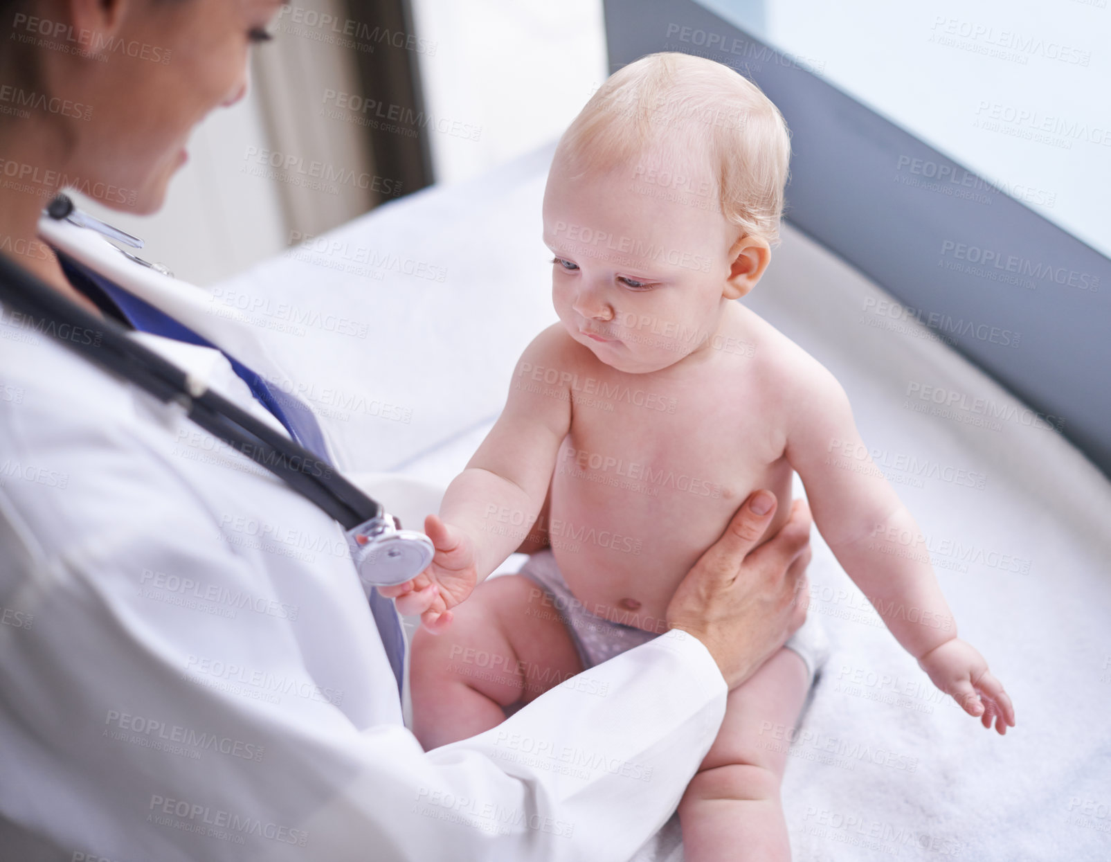 Buy stock photo Baby, pediatrician and stethoscope for heartbeat consultation or lung infection, examination or checkup. Child, boy and hospital bed or healthcare wellness clinic for diagnosis, sickness or results